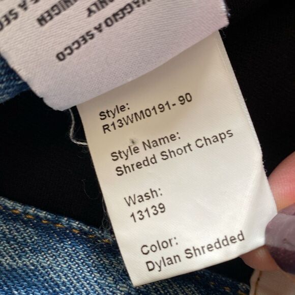 R13 Denim Dylan Shredded Jean Short Chaps Attached Layered Black Leather Legging - Picture 4 of 8